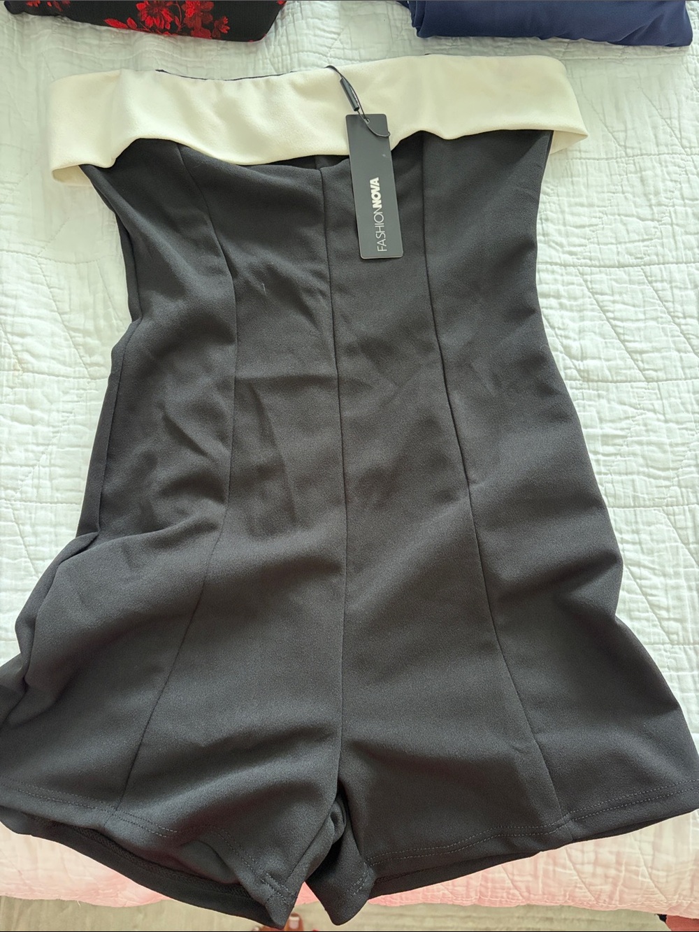 Fashion Nova Black Strapless Romper with Cream Foldover Neck